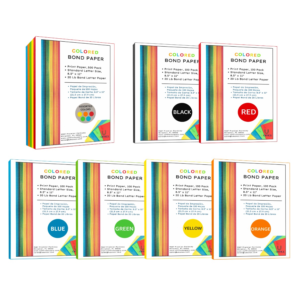 Uoffice Colored Bond Paper Bundle 8.5 inch x 11 inch, 20lbs, 500 Pages, Multicolor