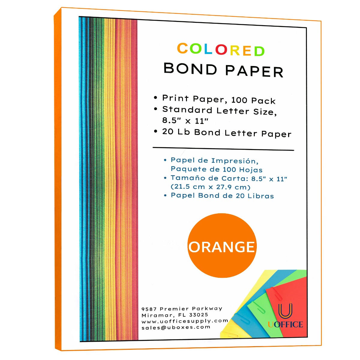 Uoffice Colored Bond Paper Bundle 8.5 inch x 11 inch, 20lbs, 100 Pages, Orange